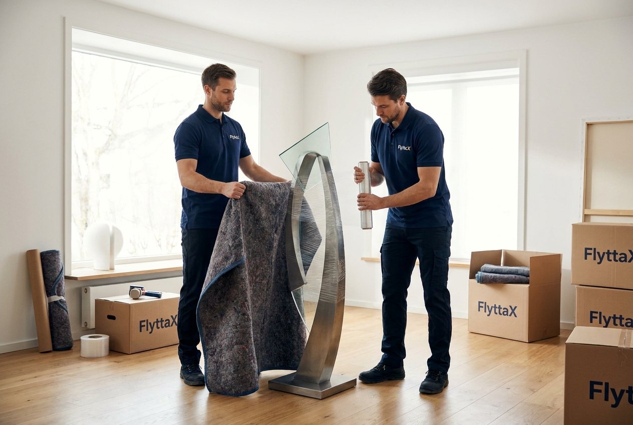 Two FlyttaX movers wrapping a delicate decorative sculpture in protective blankets beside FlyttaX boxes
