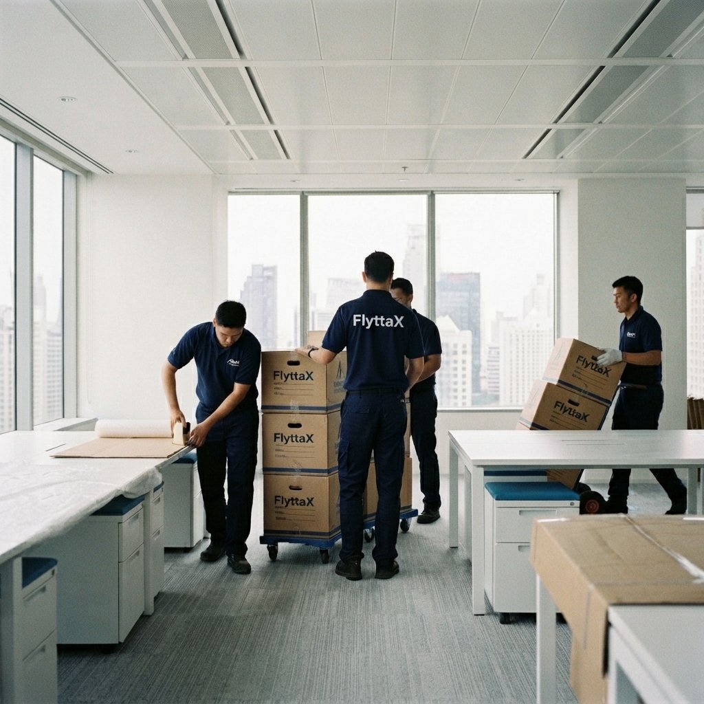 FlyttaX team in branded uniforms packing and moving labelled boxes during an office relocation