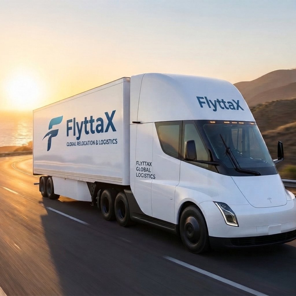 FlyttaX-branded moving truck travelling along a coastal road